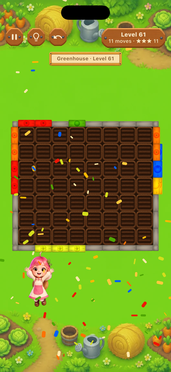 Confetti falling over the cleared level 61 board